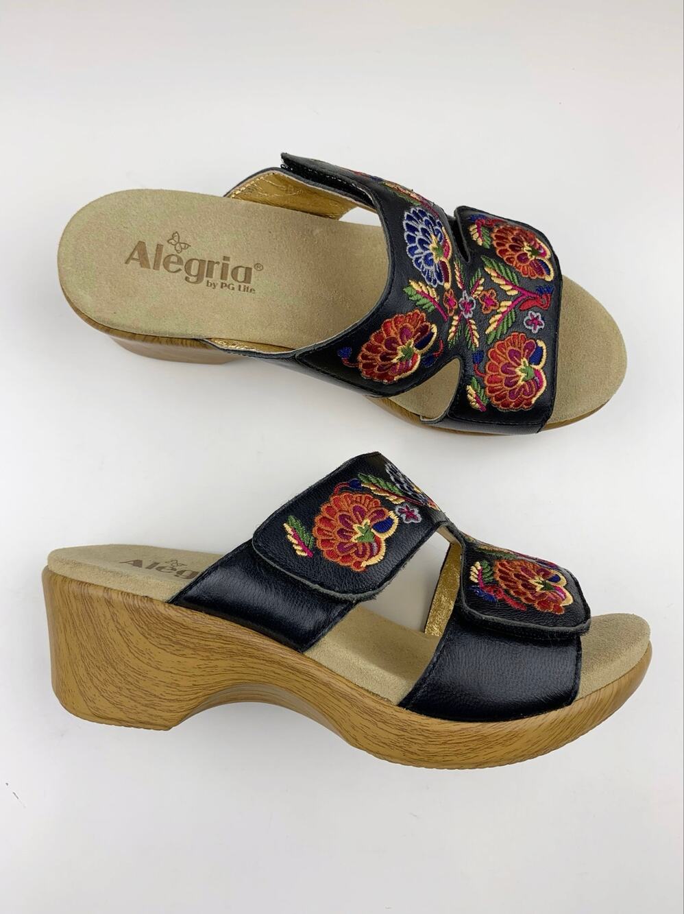 Alegria Linn Sandals Embroidered Floral Black Leather Straps Women's 39 US 9